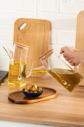 Porsima 2093 Bambu Kapaklı Vakumlu Borosilikat Cam Yağdanlık Yağlık Sirkelik 700ml Şeffaf