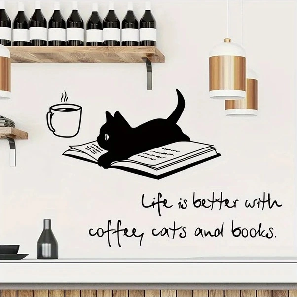 Trendooze Ahşap Tarzı Siyah Kedi Ve Kahve Temalı Kendinden Yapışkanlı Pvc Duvar Çıkartması Siyah