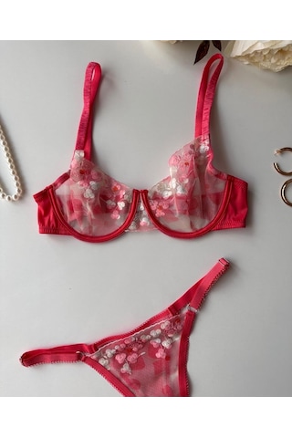 Daniela Kadın Nar Çiçeği Çiçek Desenli Tanga Detaylı Transpran Seksi İkili Sütyen Takım
