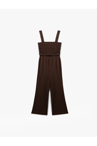 Koton Gipeli Kare Yaka Kolsuz Beli Kuşaklı Geniş Paça Tulum Bürümcük Kahverengi 5sal40007ık Kahve