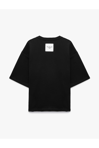 Koton Etiket Detaylı Üç İplik Rahat Kalıp Bisiklet Yaka Kısa Kollu Sweatshirt Siyah 7wam70209mk