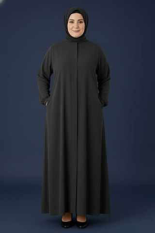 Medine İpeği Mevlana Kesim Cepli Kuşaklı Bol Büyük Beden Ferace Gri