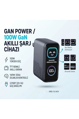 Gan Power Gn-03 100w 3 Portlu Gan Hızlı Şarj Cihazı + 60w Hızlı Şarj Kablosu Hediyeli - Tft Akıllı Renkli Ekran, Bot İfadesi Animasyonlu Adaptör .