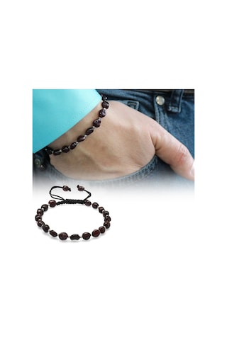 Makrome Örgülü Naturel Kesim Lal Doğaltaş Erkek Bileklik Kahverengi - Siyah