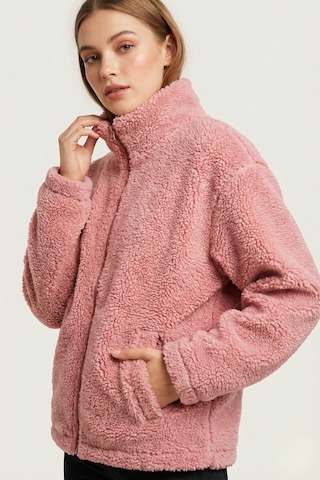 Kadın Peluş Tam Fermuarlı Cepli Sherpa Kuzu Kumaş Oversize Peluş Polar Sweatshirt Pembe