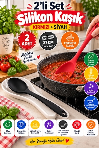 2'li Set Kırmızı Siyah Büyük Boy Silikon Kaşık 27 Cm Mutfak Yemek Pişirme Ve Servis Kaşığı 2 Adetlik
