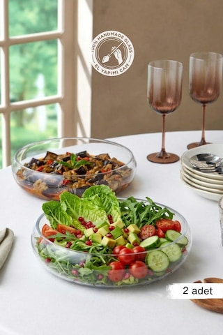Selen Concept Simge Model Büyük Boy El Yapımı Cam Salata Kasesi 2'li Set Şeffaf