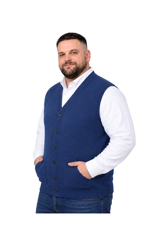 Battalmoda Erkek Büyük Beden İndigo Cepli Triko Yelek 3xl-4xl-5xl-6xl