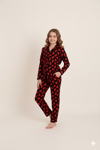 Beka Kids Desenli Uzun Kollu Önden Düğmeli Gömlek Yaka Kız Çocuk Pijama Takımı Siyah