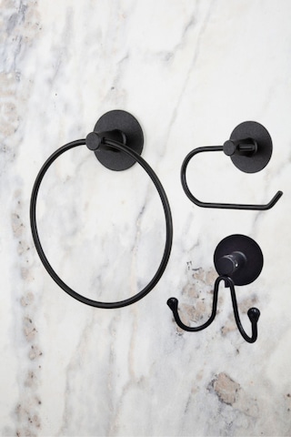 MultiStore Siyah Yuvarlak Yapışkanlı Halka Havluluk/Wc Tuvalet Kağıtlığı/Banyo Askısı Banyo Düzenleyici Seti Siyah