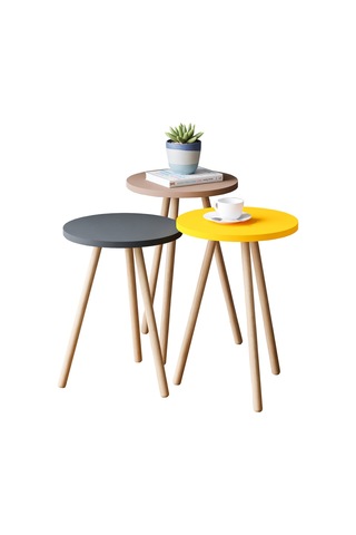 İntergo Renkli Üçlü Zigon Sehpa Ahşap Ayaklı Yuvarlak Pastel Tasarım Cappuccino-Gri-Sarı