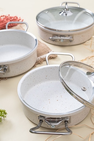 Çarşıdayız 3'lü Beyaz Granit Tava Seti - 16, 18, 20 Cm Cam Kapaklı Beyaz