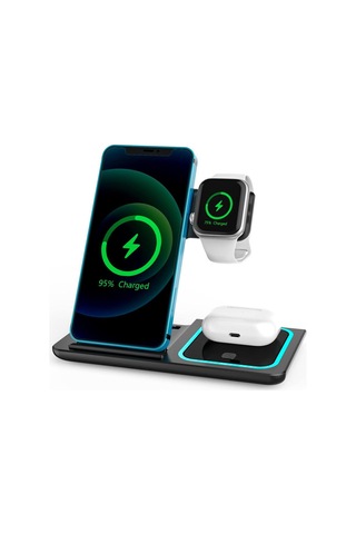 Geeksen 3'ü 1 Arada Katlanabilir Kablosuz Şarj Aleti - Telefon/saat/kulaklık İçin 15w Hızlı Şarj, Uyumlu, Telefon Tutucu Fonksiyonu, Siyah
