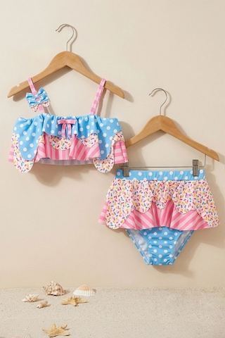 Zuzunga Fırfırlı Kız Çocuk Renkli Şeker Desenli Bikini Takımı Pembe