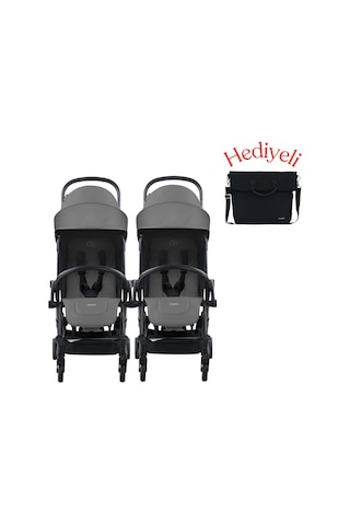 Bumprider Connect³ İkiz Bebek Arabası Black - Grey Melange & Yan Bakım Çantası Hediyeli