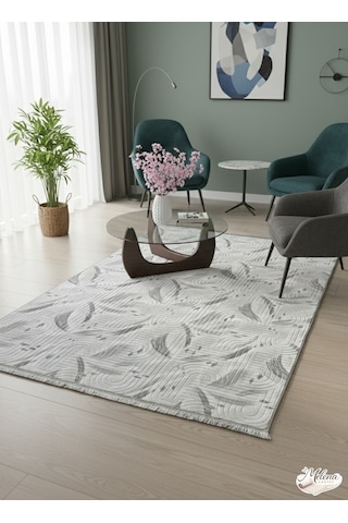 Konak Halı Modern Gri Çizgisel Desenli Emboss Saçaklı Salon Halısı Gri