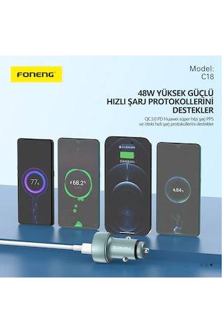 Foneng C18 48W 1xUsb 1xType-C Giriş Dijital Göstergeli Araç içi Çakmaklık Şarj Aleti