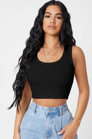 Beru Kadın Siyah Kare Yaka Crop Top Bluz L - XL