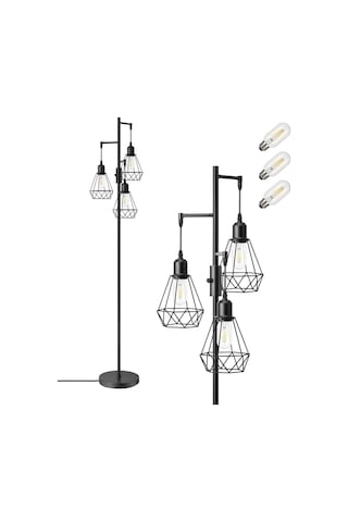 Edishine 3 Başlıklı Dimlenebilir Retro Ayaklı Lamba E27 Led, Kafes Şapkalı, 166 Cm Lambader Siyah Diğer