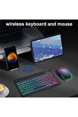 Honeybeeshop Beyaz Ultra İnce Arka Aydınlatmalı Kablosuz Klavye Fare Seti Şarj Edilebilir Type C Tablet Uyumlu Lazer