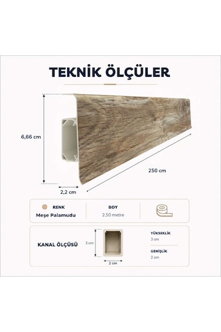 Esquero Kablo Kanallı PVC Süpürgelik 250 cm, Açılabilir Kapaklı, Meşe Palamudu, ESQ610