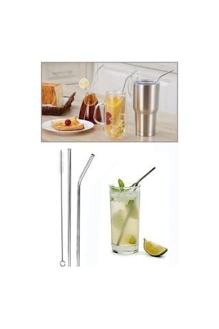 2 Li Paslanmaz Çelik Pipet + Temizleme Fırçası Gümüş