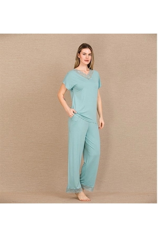 Online Kapsulavm Avm Alışveriş Kapsulavm Viskon Şık Tasarım Dantel İşlemeli Mint Yeşil Kısa Kol Pijama Takımı Nane Mint