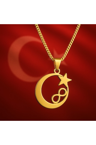 Şık Ve Anlamlı Tasarım, Kararma Yapmaz, Hediye Kutulu Altın Renk Hilal Yıldız Sonsuzluk Kolye altın