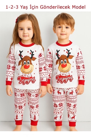 Bilge Trend Yılbaşı , Noel , Yeni Yıl Etnik Desen Geyikli %100 Pamuk Kız Erkek Çocuk Pijama Takım Dar Kalıptır Kırmızı - Beyaz