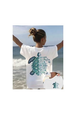 Panda Baskı Tekstil Kaplumbağa Baskılı Özel Tasarım Oversize Tshirt Beyaz