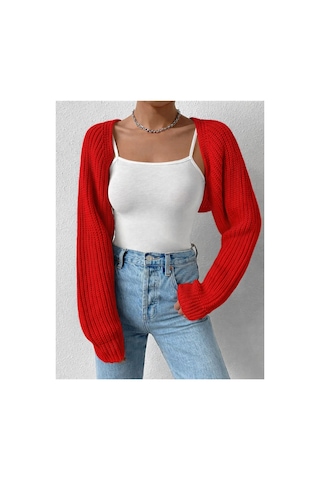 Moibody Triko Örgü Reglan Kol Bolero Hırka Kore Tarzı 4 Mevsim Kırmızı Kırmızı