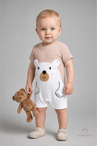 Babyden's Erkek Bebek Ayıcık Baskılı Kısa Kollu %100 Pamuk Yazlık Bebek Tulumu Yenidoğan Günlük Tulum 0-9 Ay Bej