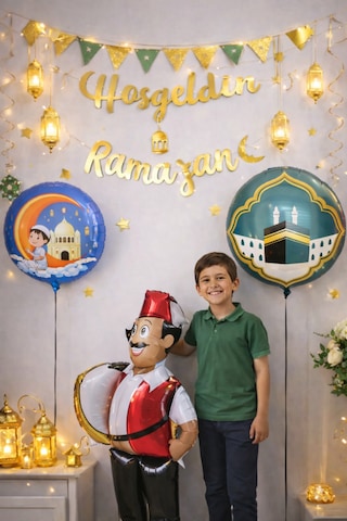 2li Ramazan Folyo Balon Set 45cm Dua Eden Çocuk Ve Kabe Hilal Cami Hoşgeldin Bayramı Temalı Dini Süs Mavi - Yeşil