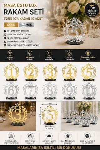 Lüks Akrilik Masa Numaratörü Seti 1-10 Arası 12x10 Cm - Düğün, Nişan, Restoran & Rezerve Masa Numarası Rakam Seti Gold / Gümüş 93120610