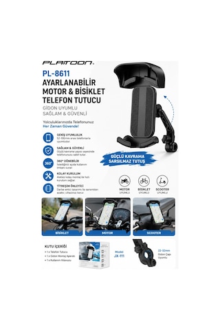 Platoon Pl-8611 Ayarlanabilir Motor Ve Bisiklet Telefon Tutucu Gidon Uyumlu Sağlam Ve Güvenli Siyah