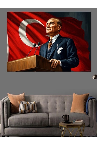 Ahşap Tablo Türk Bayrağı Önünde Atatürk Portresi İstanbul Tabloları