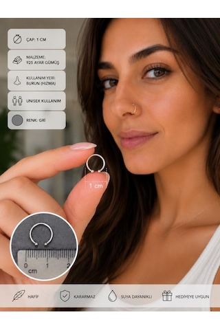 925 Ayar Gümüş Halka Burun Hızması 1 Cm Çap Gri Renk Minimal Unisex Nose Hoop Piercing çok renkli