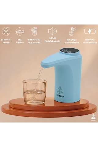 Pizen Flow Usb Şarjlı Otomatik Damacana Su Pompası Tds Ölçer 250ml 500ml 1l 2l Ölçü Özellikli Mavi