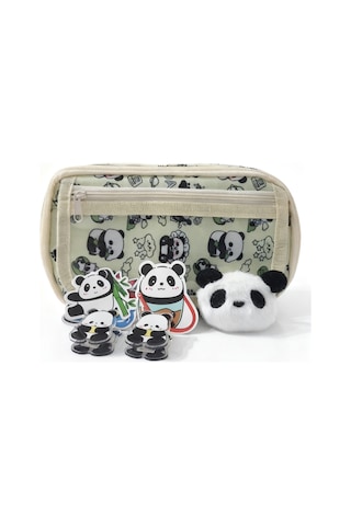 Panda Desenli Çok Bölmeli Kalemlik - Peluş Broş-sticker-klips Hediyeli Yeşil