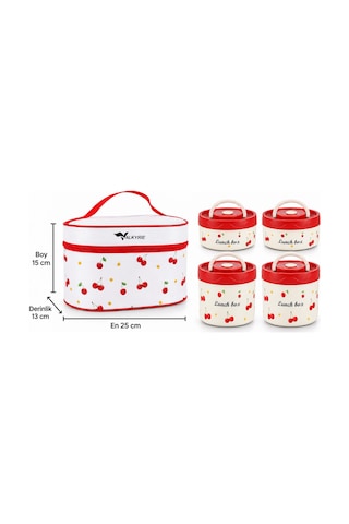 Valkyrie 4 Katlı Kirazlı Yemek Termosu 2040 Ml 304 Paslanmaz Çelik Lunch Box Isı Yalıtımlı Çantalı Kırmızı