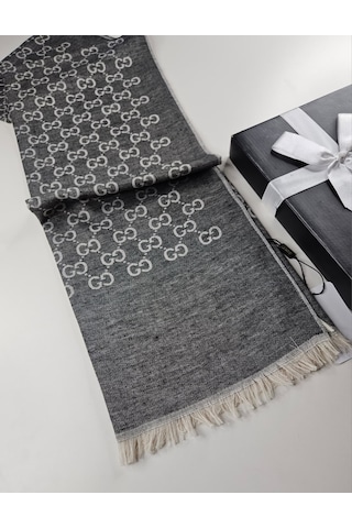 Miorel Scarfs İnce Kumaş G Desen Pamuklu Şal Yün İpek Şal 4 Mevsim Çift Taraflı Gri