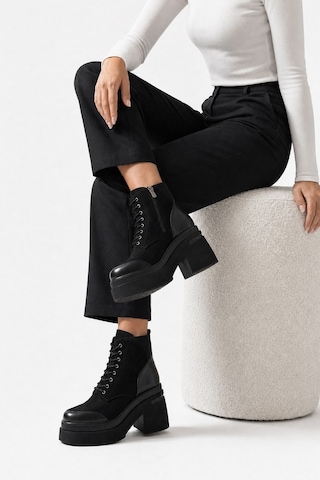Luvi Shoes Norton Siyah Süet Bağcıklı Fermuarlı Kadın Platform Topuklu Bot