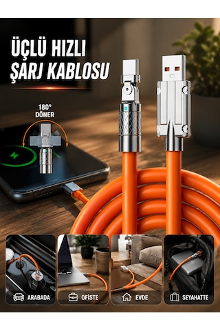 3 İn 1 Süper Hızlı Şarj Kablosu Android Ve Apple İos Uyumlu Silikon Şarj Kablosu 3855796 21136692