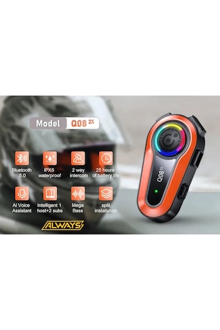 2 Adet Q08 2x 1000m Telsiz Mesafeli Özellikli 2 Kişi Bağlantılı Bluetooth Kask Kulaklık Ekranlı Fenerli Mü