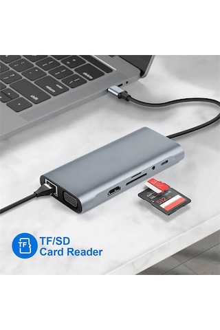 Usb Type C To Hdmi 4k 30hz Vga 1080p Ethernet Usb Hub Kart Okuyucu Pd 87w Çevirici Kablo
