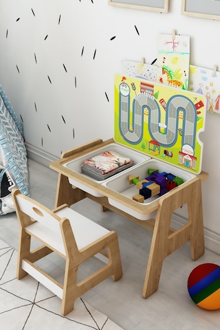 Fida Montessori Ahşap Aktivite Masa Ve Sandalye Takımı - Çocuk Çalışma Alanı Natural Ahşap