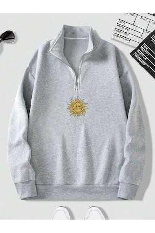 Harmandar Gri Erkek Güneş Ay Baskılı Dik Yaka Yarım Fermuarlı Kazak Sweatshirt Gunesaygridikyaka