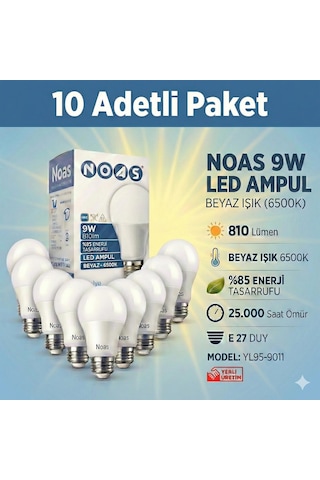 Noas 9w Led Ampul 10lu Paket Beyaz Işık E27 Duy 810lm Yl95-9011