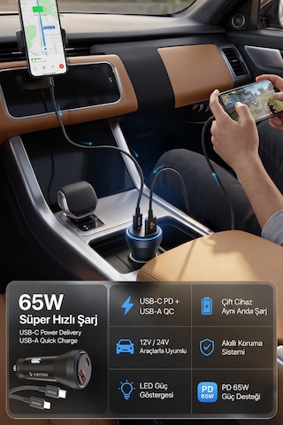 Kensa 65w Çift Portlu Hızlı Araç Şarj Aleti + Type-c To Lightning Şarj Kablosu Seti 65w Araç Şarj