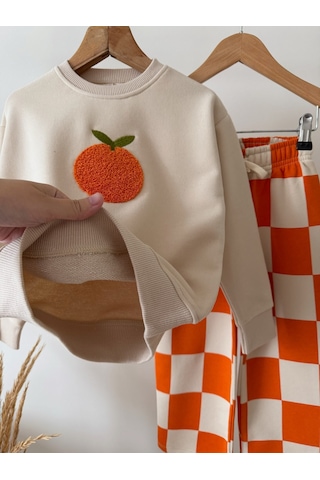 Magu Çocuk Portakal Nakışlı Ekru Sweatshirt Ve Turuncu Dama Eşofman Takımı Çok Renkli